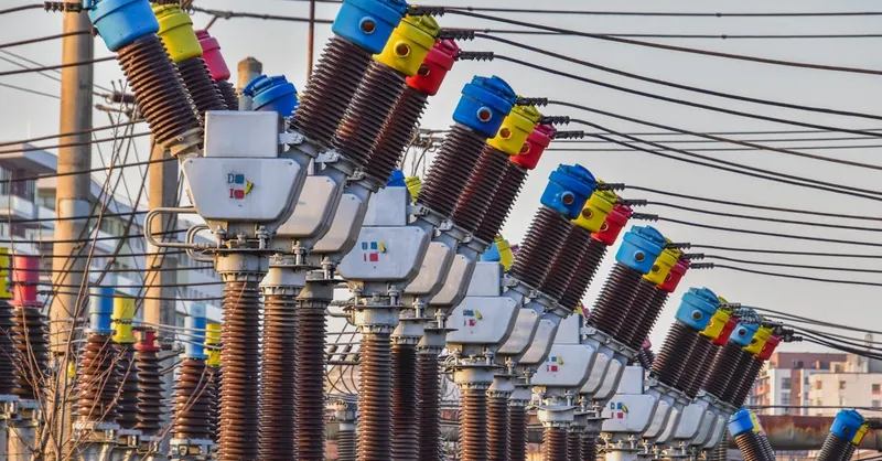 Multiple colorful electrical transformers at an outdoor power station under the daylight.