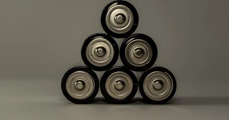 Metallic AA batteries stacked in a pyramid shape, symbolizing power and energy storage.