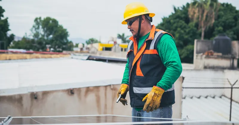 A solar technician in protective gear inspecting rooftop solar panels outdoors.