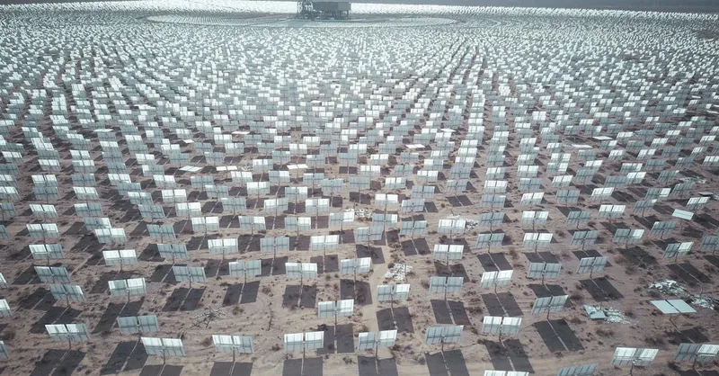 Aerial view of expansive solar panel array in a desert landscape generating renewable energy.