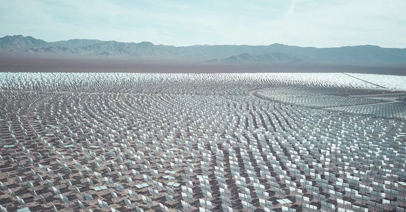 Aerial view of a vast solar farm in a desert setting, capturing renewable energy technology.