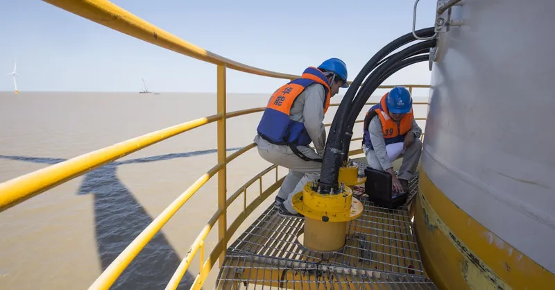 Technicians in safety gear performing maintenance on an offshore wind turbine.