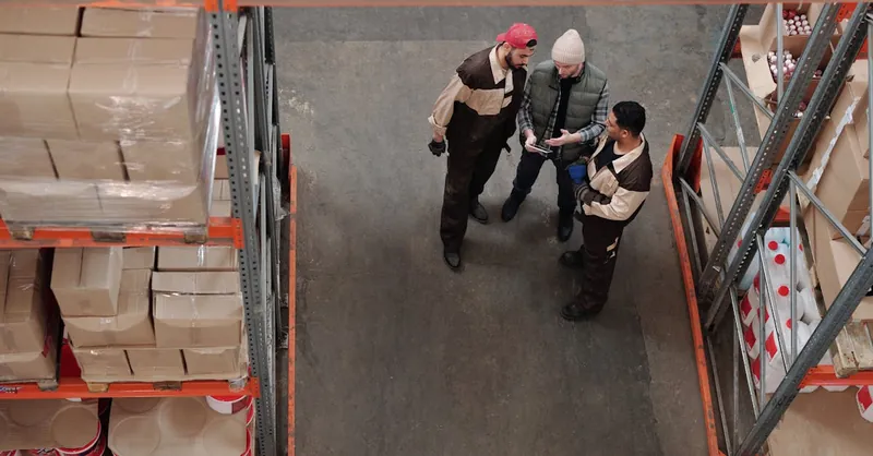Three warehouse workers discussing logistics in an industrial storage area.