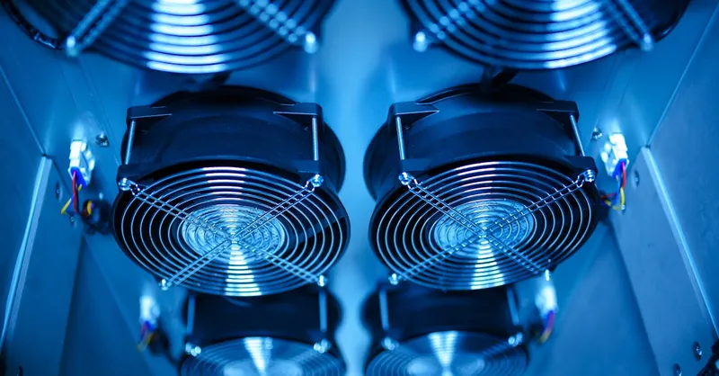 Close-up of cooling fans in a server room, showcasing technology and efficiency.