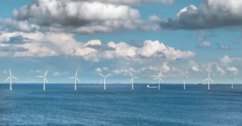 A serene view of offshore wind turbines generating renewable energy under a blue sky with scattered clouds.