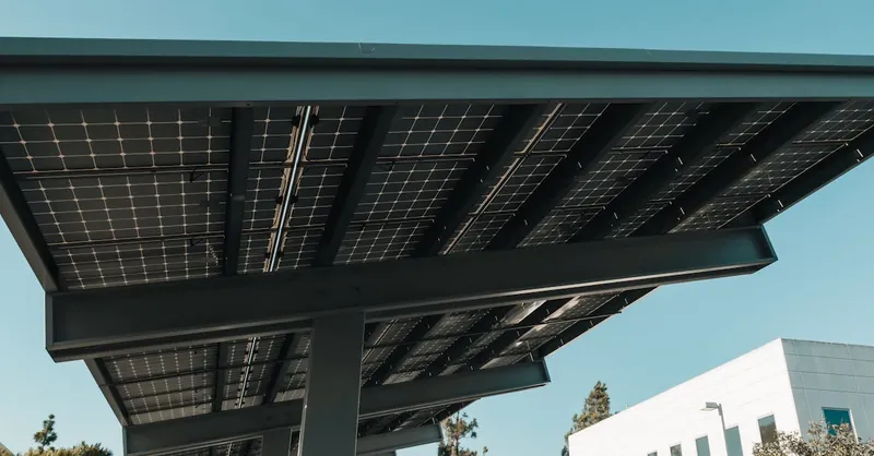 A contemporary solar panel installation in a city environment, showcasing renewable energy.