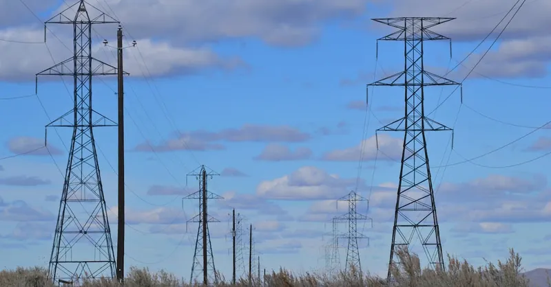 Power lines stretch across a rural landscape under a bright blue sky, emphasizing energy distribution.