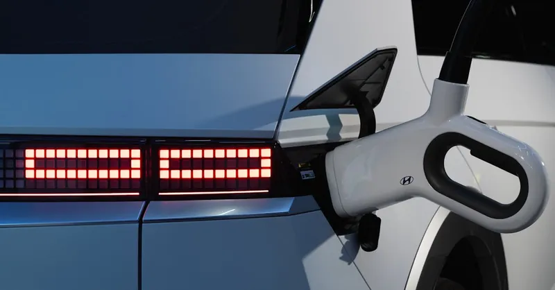Close-up of a Hyundai Ioniq 5 charging, showcasing sustainability and innovation.