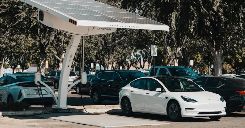 Electric car parked at a solar charging station outdoors, highlighting renewable energy and innovation.