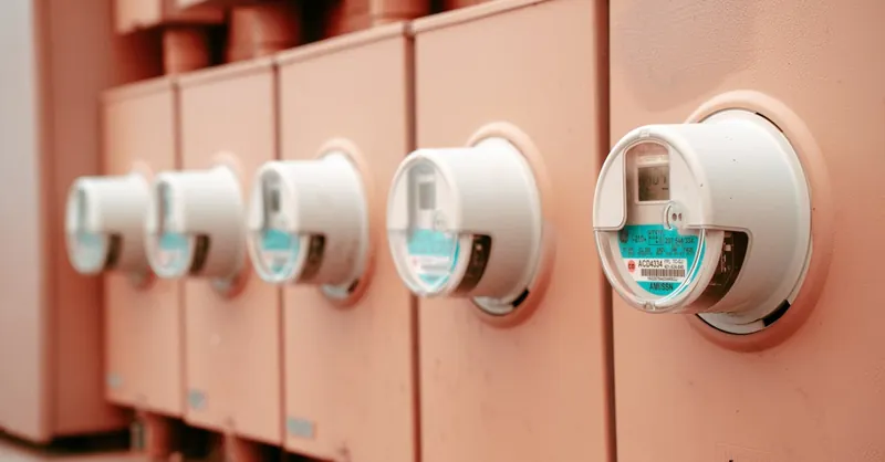 Close-up view of a row of industrial electricity meters for power monitoring and technology.