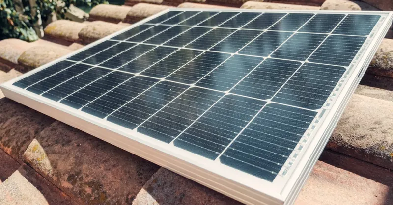 Close-up of a solar panel installed on rooftop tiles under bright daylight, emphasizing renewable energy.