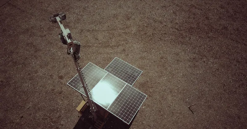 Drone view of solar panels on a dry and barren landscape emphasizing renewable energy.