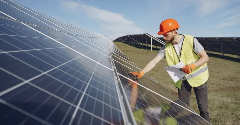 Technician in PPE inspects solar panels in a renewable energy field, promoting sustainability.