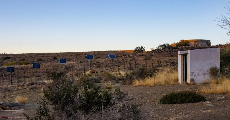 Solar panels in a desert landscape with a shed under a clear sunset sky.